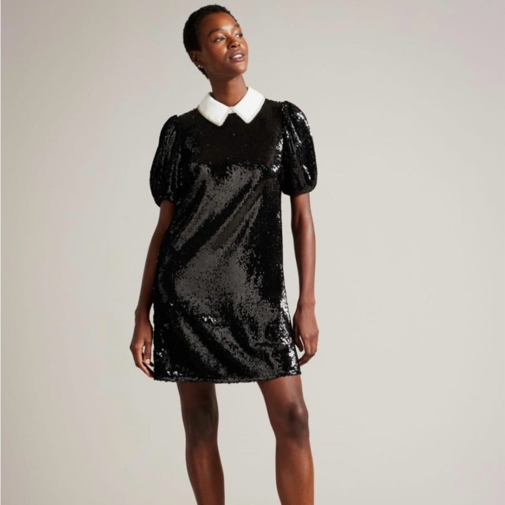 Ted Baker Zarell size:2,Black Sequin Puff sleeve Dress,White Collar,rhinestone